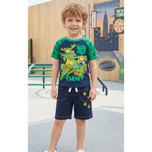 Nickelodeon TMNT Toddler Boys 2PC Shorts Set Navy Green Size 3T Cotton Graphic